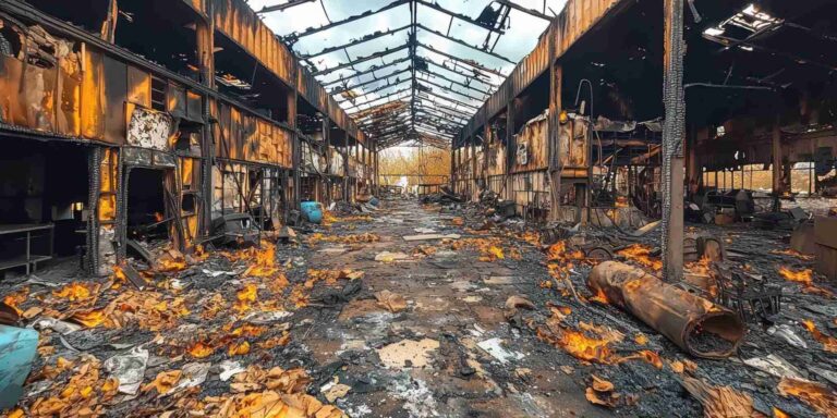 Commercial fire damage inside industrial building requiring emergency smoke cleanup, debris removal, and structural reconstruction services from Paul Davis Restoration of DuPage County